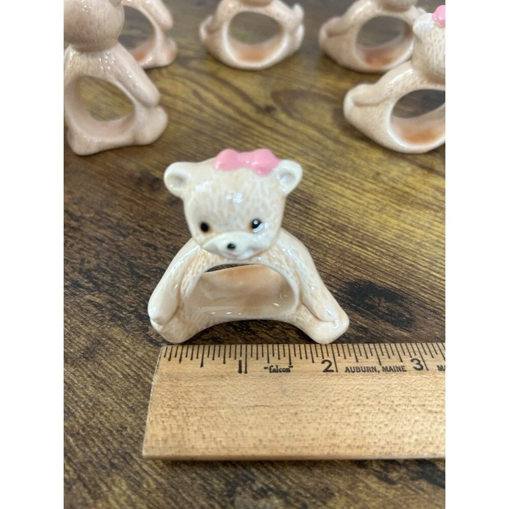 Vintage Taiwan Teddy Bear Ceramic Napkin Ring Holders Set of 8 Brown Boy Girl